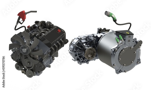 Petrol car drive train vs electric car drive train. Eco friendly electric motor and gasoline engine comparison. Gasoline and electric car. Gas nozzle vs electric vehicle charging plug