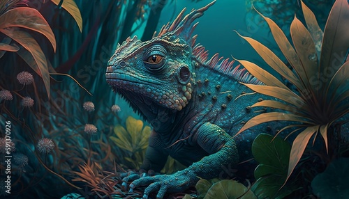 Psychedelic Iguana in the enchanted forest. Fairy tale illustration of a Iguana  a fictional image. Wallpaper. AI generated.