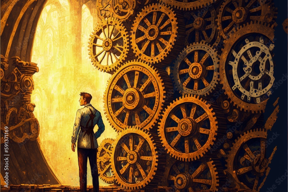 Obraz premium Steampunk ambiance showcasing male standing amidst numerous large, golden cogs. Fantasy concept , Illustration painting. Generative AI