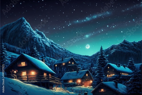Nighttime view of wooden houses in mountainous winter landscape. Fantasy concept , Illustration painting. Generative AI