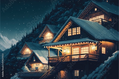 Nighttime view of wooden houses in mountainous winter landscape. Fantasy concept , Illustration painting. Generative AI © X-Poser