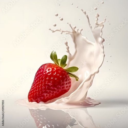 Photorealistic image of beautiful strawberries falling into milk