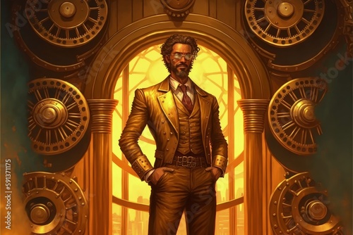 Steampunk ambiance showcasing male standing amidst numerous large, golden cogs. Fantasy concept , Illustration painting. Generative AI
