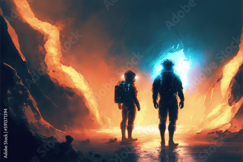 Space explorers walking towards unknown beam of light in sci-fi setting. Fantasy concept , Illustration painting. Generative AI © X-Poser