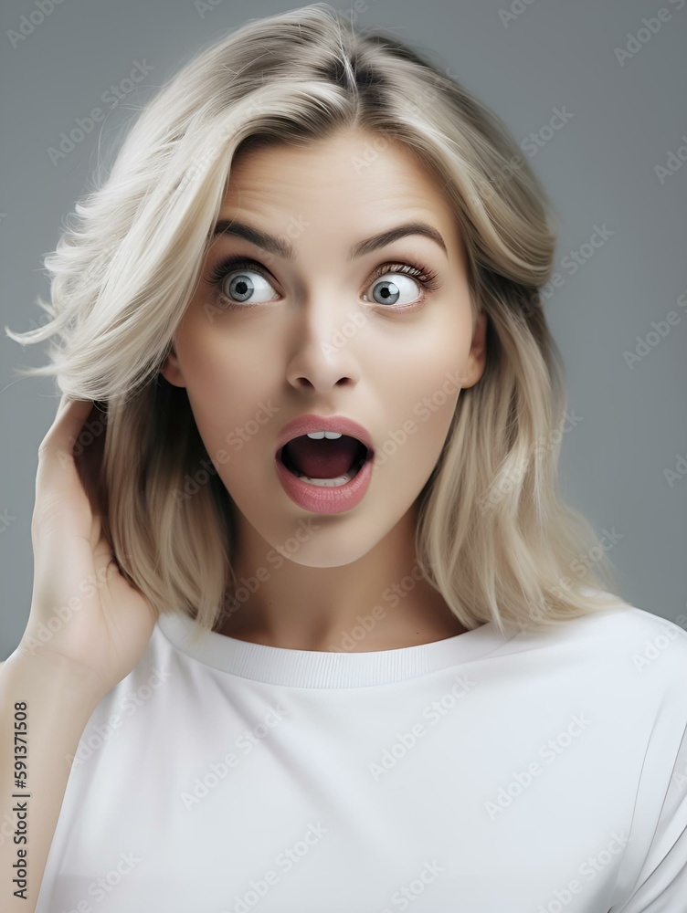 surprised woman with open mouth (image generated by artificial intelligence) surprised woman with open mouth (image generated by artificial intelligence)