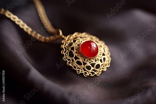 golden necklace with red gemstone close up on dark background