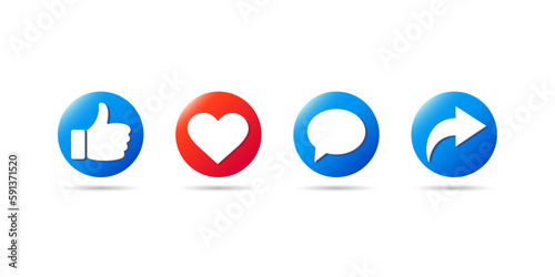 Thumb up, heart, Like, forward, comment, and repost button vector. Social media button symbols.