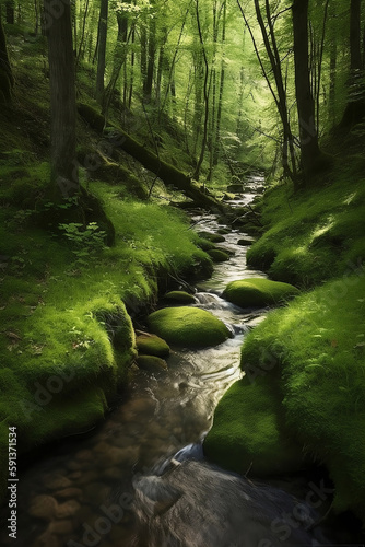 colorful green forest with stream