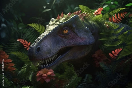 dinosaur in tropical forest among leaves