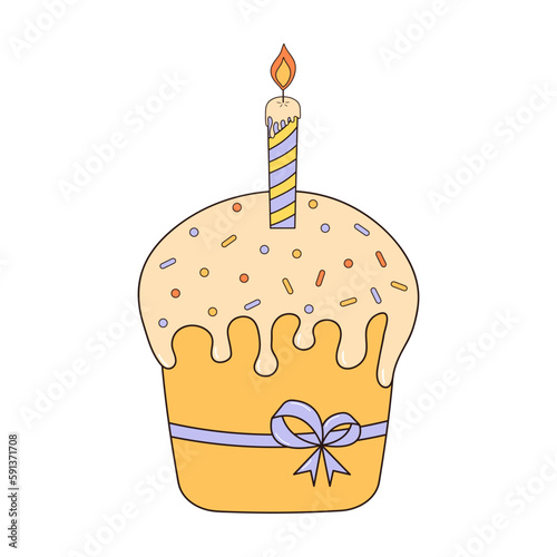 Groovy Easter cake with candle decorated with a bow. Vintage hippie psychedelic clipart.