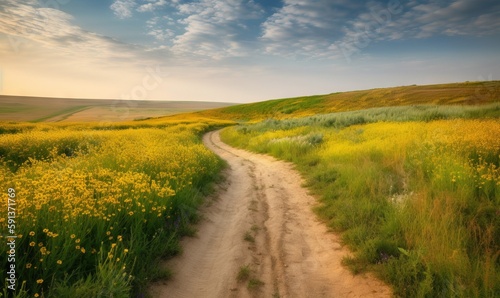  a dirt road going through a lush green field with yellow flowers. generative ai