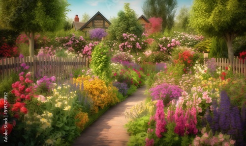  a painting of a garden with flowers and a house in the background.  generative ai © Anna