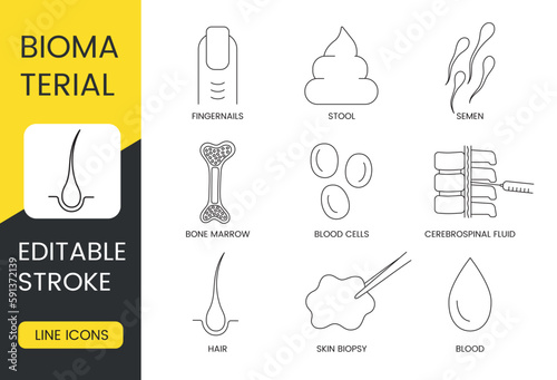 Biomaterial line icon set in vector, stool and fingernails, bone marrow and semen, cerebrospinal fluid and blood cells, skin biopsy and hair. Editable stroke.