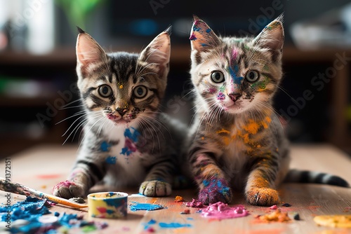 cute cats playing with paint