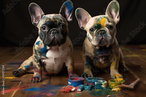 cute Dogs playing with paint