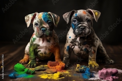 cute Dogs playing with paint