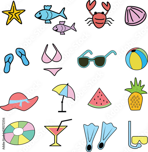 Colorful and hand drawn beach icons set in a very creative and attractive style.