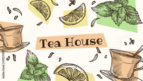 Tea house promotional banner or business cards