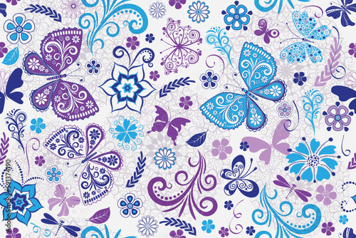 Vector seamless spring delicate white pattern with openwork butterflies and flowers