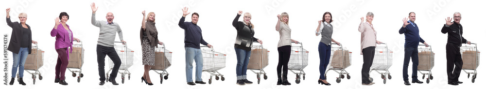 group of people with trolley greet isolated on white group of people with trolley greet isolated on white