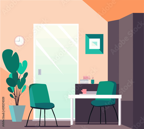 Medical clinic cabinet interior, business office apartment inside. Desk, chairs, plants in room workplace 