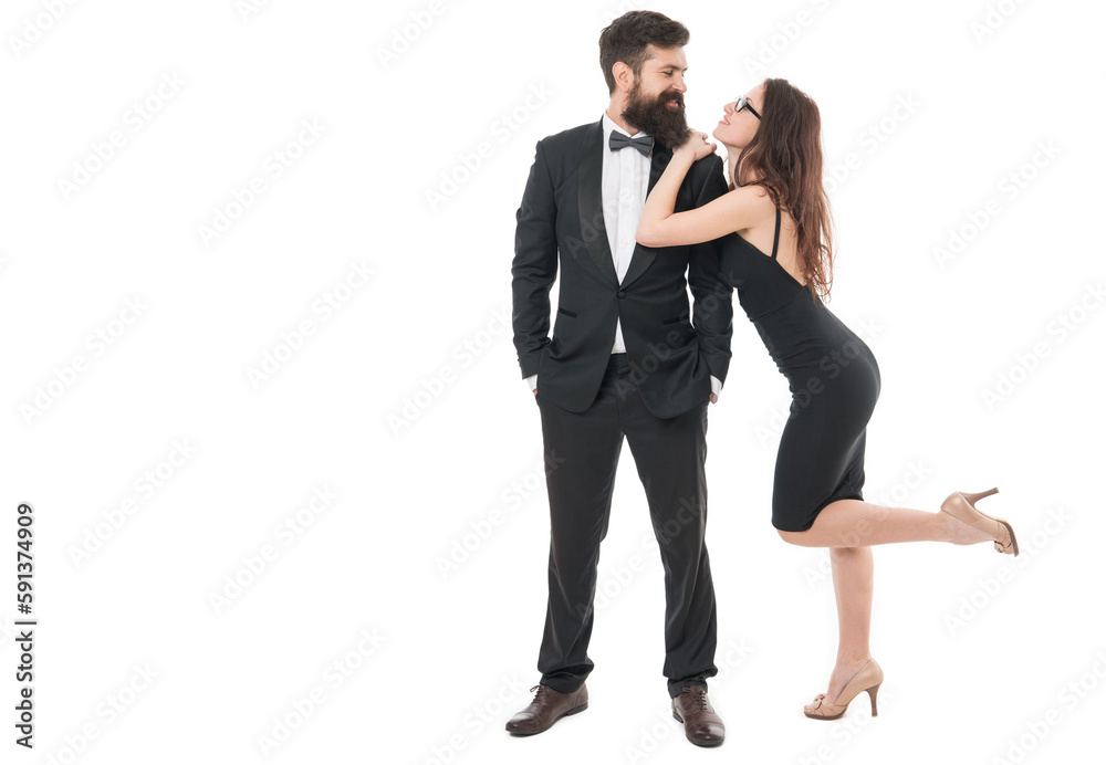 Art of flirt. Pick up and flirt concept. Perfect flirt at party or event. Flirting lady. Woman attractive sexy female attract attention of bearded gentleman. Bearded man in tuxedo and playful girl Art of flirt. Pick up and flirt concept. Perfect flirt at party or event. Flirting lady. Woman attractive sexy female attract attention of bearded gentleman. Bearded man in tuxedo and playful girl