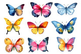 Watercolor Colorful Butterflies Isolated on Transparent Background: A Delicate and Vibrant Image for Your Creative Designs PNG, watercolor, colorful butterflies, isolated, transparent background,