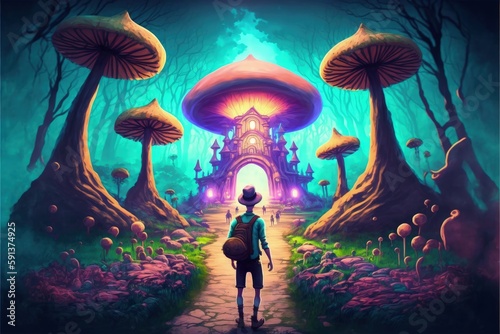 Man moving towards bioluminescent mushroom house in mystical forest. Fantasy concept , Illustration painting. Generative AI