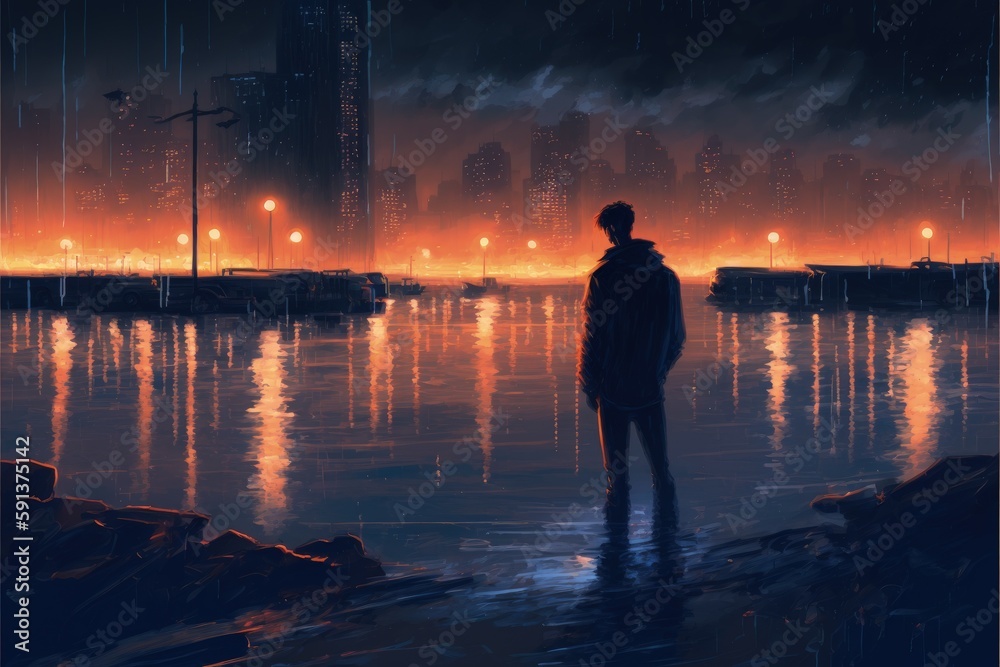 Fototapeta premium Nocturnal view of man standing in submerged city. Fantasy concept , Illustration painting. Generative AI