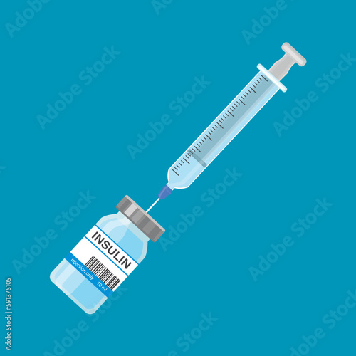 Plastic medical syringe with needle and insulin vial. Control your diabetes. Concept of vaccination, injection, diabetes. Bottle and syringe.