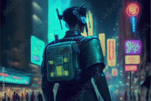 Futuristic-themed illustration featuring robot carrying pole strolling in metropolis. Fantasy concept , Illustration painting. Generative AI