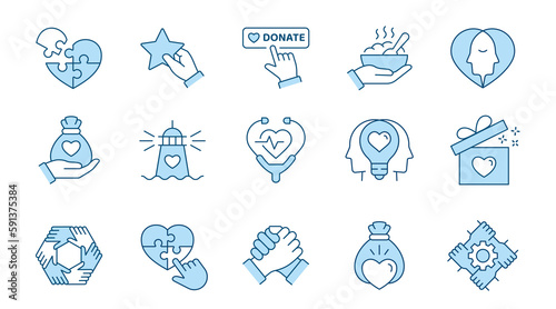 Mental health icons, such as donation, charuty, empathy, volunteer and more. Vector illustration isolated on white. Editable stroke. Change to any size and any colour.
