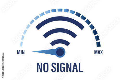 No internet connection. Wireless signal unavailable, wi-fi has no internet. Problems with network, concept. Zone without communication, no signal. Arrow on measuring scale is at minimum.