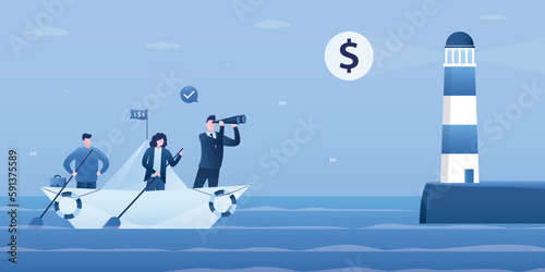Leader with team sailing on paper boat in ocean of opportunities. Lighthouse points the way to profit and success. Business people on origami ship. Global vision, creativity.