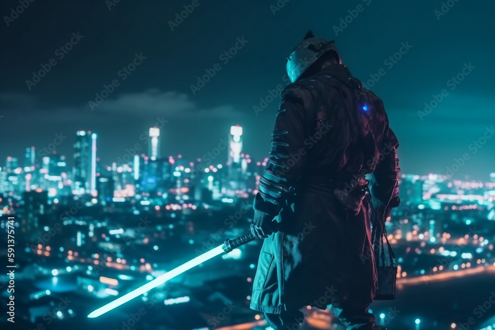 Samurai Standing On The Roof With Night City Neon Lights On Background, Made Using Generative Ai Samurai Standing On The Roof With Night City Neon Lights On Background, Made Using Generative Ai