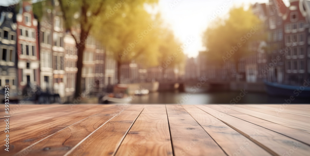 Wood table mockup with Amsterdam city street in shallow depth of field. Copy space for product. Generative AI