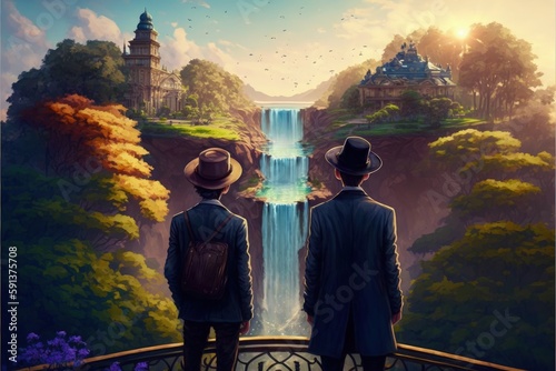 Two men standing on bridge admiring fantasy village with cascading water. Fantasy concept , Illustration painting. Generative AI