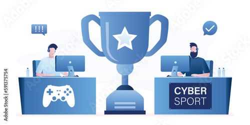 Two professional gamers with headsets playing video games. Battle of two pro gamers concept. E-sports, group of players, male characters playing in cybersport tournament.