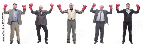 collage of businessmen in boxing gloves isolated