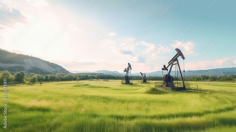 Fototapeta premium Working oil pumps in mountains. Natural resources industry. Oil rig. Generative AI