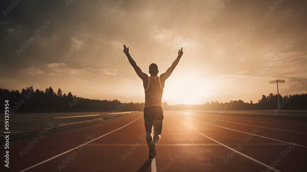 a male athlete crossing the finish line cheering to the crowd with arms raised