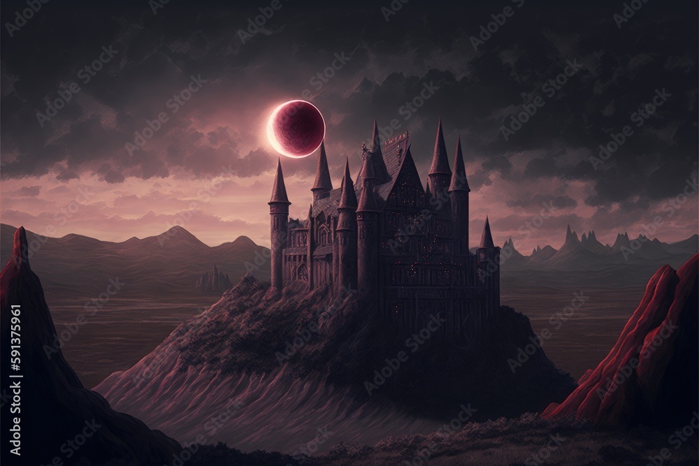 Scenery of Thorn Castle during solar eclipse against dark crimson sky. Fantasy concept , Illustration painting. Generative AI