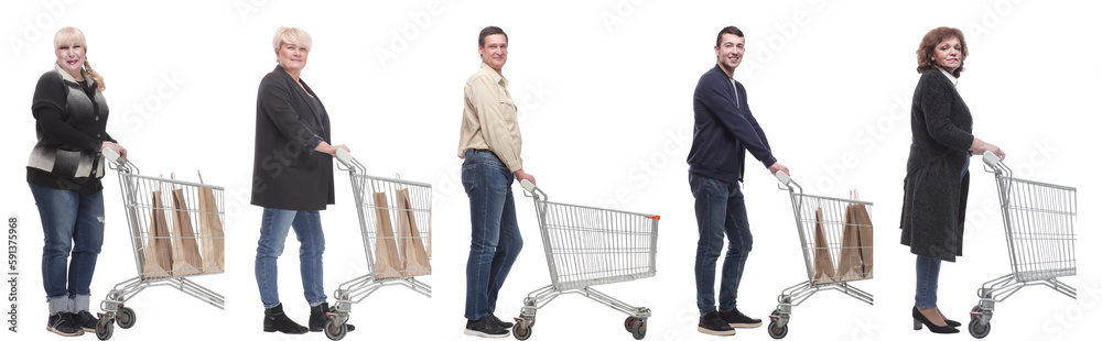 group of people with cart looking at camera isolated group of people with cart looking at camera isolated