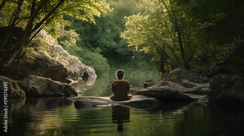 a lady on a rock meditating by a river