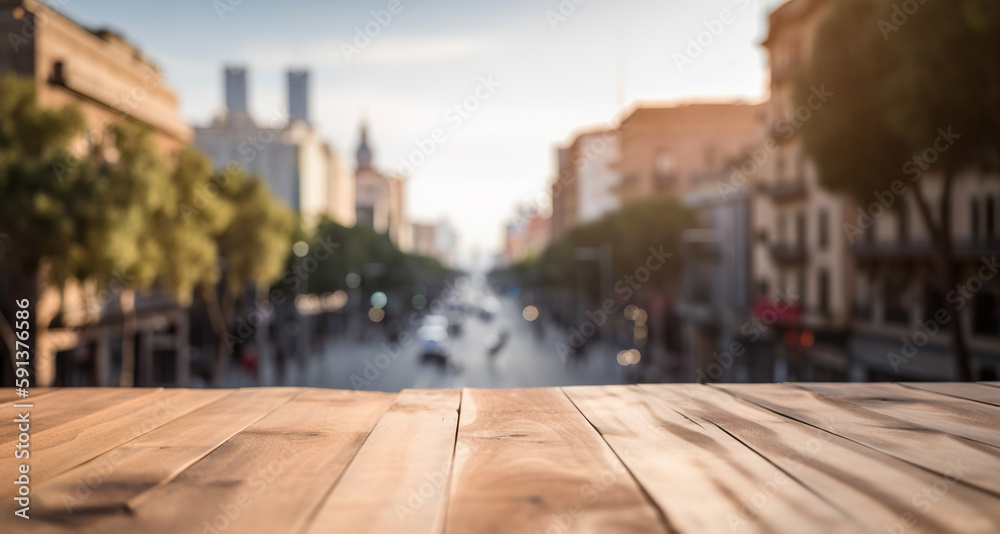 Wood table mockup with Barcelona city street in shallow depth of field. Copy space for product. Generative AI