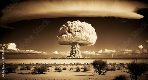 Nuclear explosion in the desert. Sepia colors. Nuke bomb mushroom radioactive cloud. Generative AI