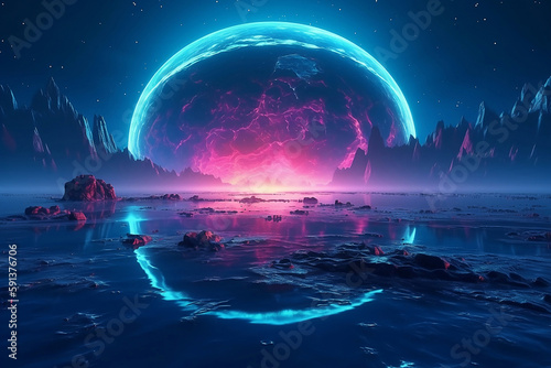 3d render, abstract neon background with glowing laser ring, crystals under the starry night sky and reflection in the water. Fantasy cosmic landscape. Generative AI.  © hugo
