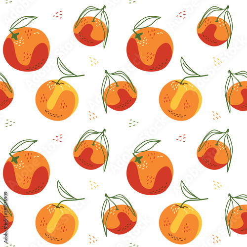 Seamless pattern of citrus fruits oranges, tangerines and grapefruits on a white background. Vector illustration for fabric, decor and wrapping paper