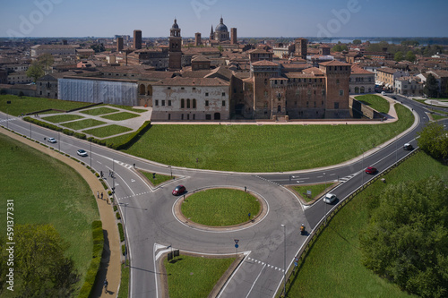 Medieval city of Mantua in Lombardy, Italy. Aerial view of Mantua Italy. Aerial panoramic view at the City of Mantova (Mantua) with Lake (Lago di Mezzo) - Italy.