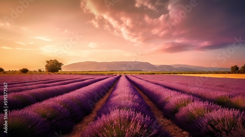 Stunning landscape with lavender field with stunning sunset on background. Generative AI